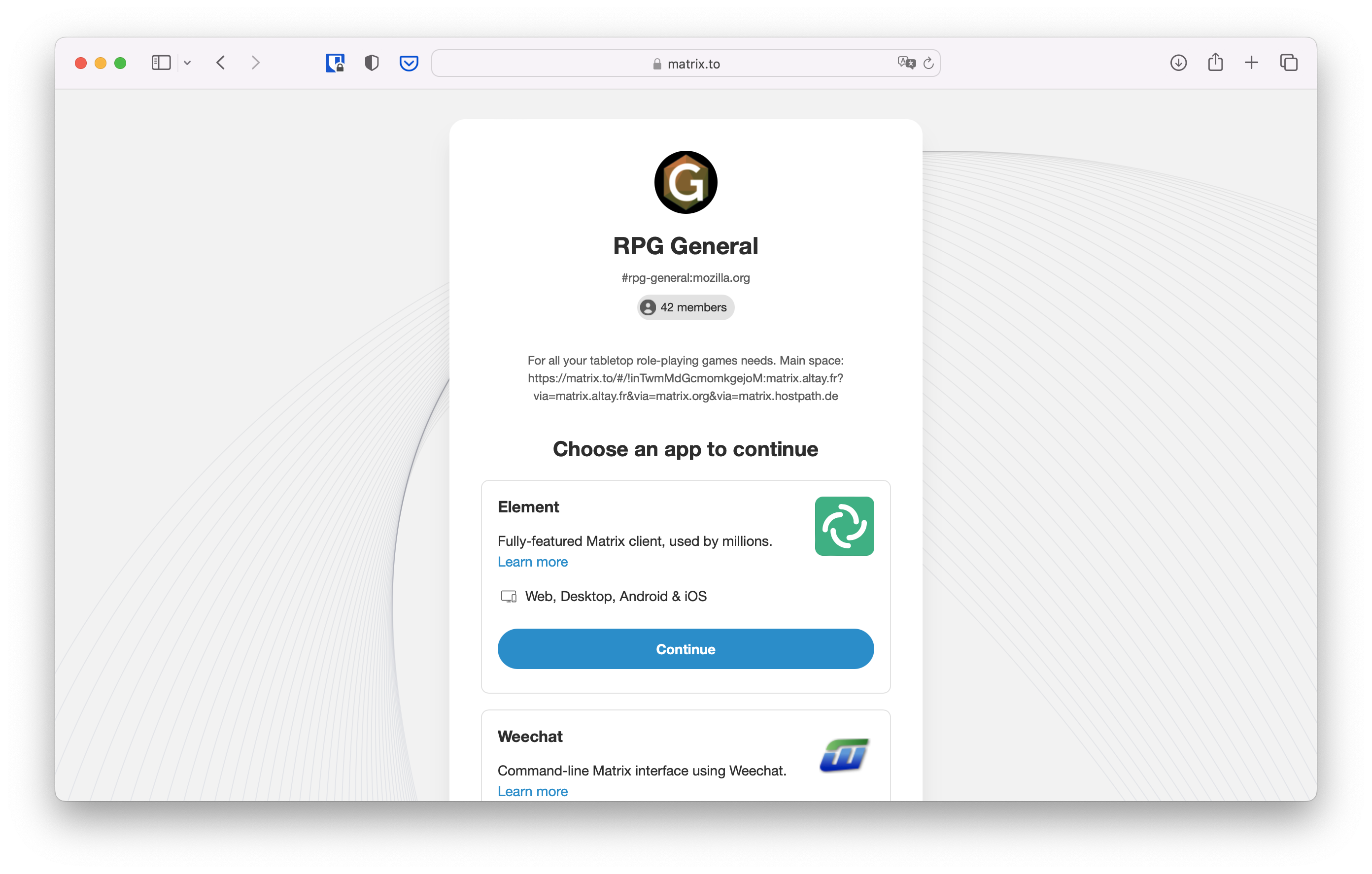 Preview of the "RPG General" room on matrix.to. Room alias, amount of members, and topic are shown. The top of the list of clients is visible below, including Element and Weechat.